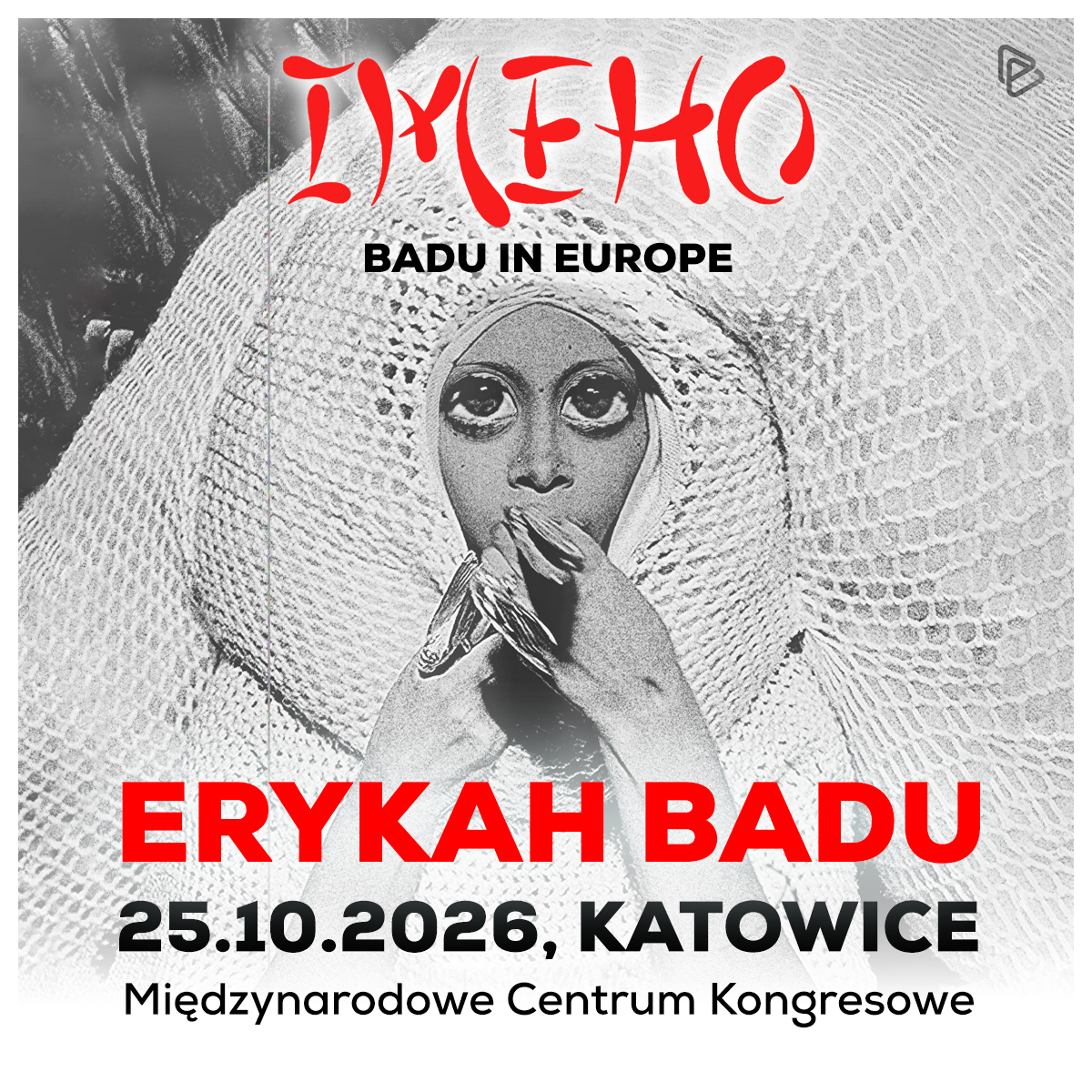 Poster of Erykah Badu: stylised black-and-white portrait in large hat with red title; 25.10.2026, Katowice, Międzynarodowe Centrum Kongresowe