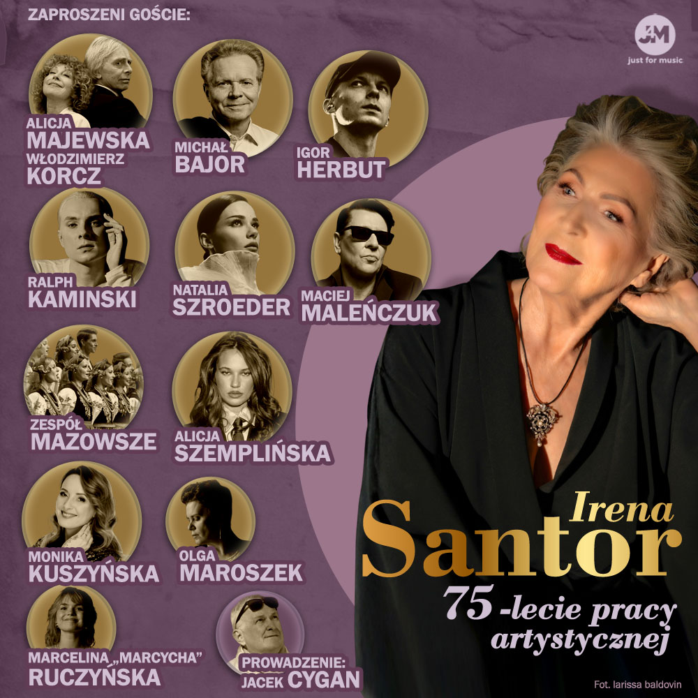 Concert poster with portrait of a mature female singer and multiple circular guest photos on purple background, 75th anniversary celebration