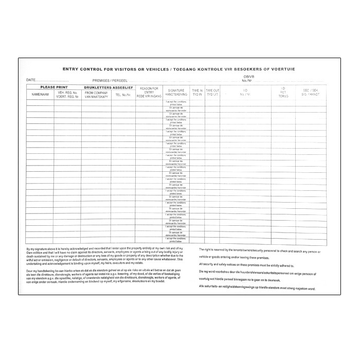 Entry Control Book - Vehicles or Visitors