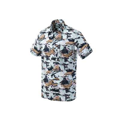 Hawaiihemd in Pazifikblau mit taktischem Print aus Booten, Tauchern und Hubschraubern