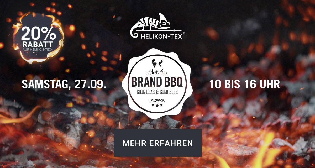 Glühende Kohlen mit Helikon-Tex Logo und TACWRK Brand BBQ Ankündigung: Samstag, 27.09., 10–16 Uhr, 20 % Rabatt auf Helikon-Tex, Aktion „Cool Gear & Cold Beer“.