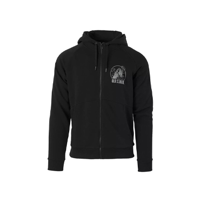 Old School Hoodie in Schwarz, Full-Zip Kapuzenjacke mit markantem „Press Check“-Print umrahmt von Rosen, 65 % Baumwolle / 35 % Polyester, 300 g/m², urban-taktisches Design für Alltag, Reisen oder als Zwischenschicht.