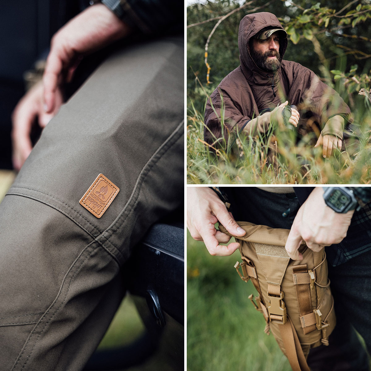 Collage mit drei Szenen: Detailaufnahme Helikon-Tex Hose, Mann im Helikon-Tex Poncho im Gras, Nahaufnahme Helikon-Tex Rucksacktasche in der Hand.