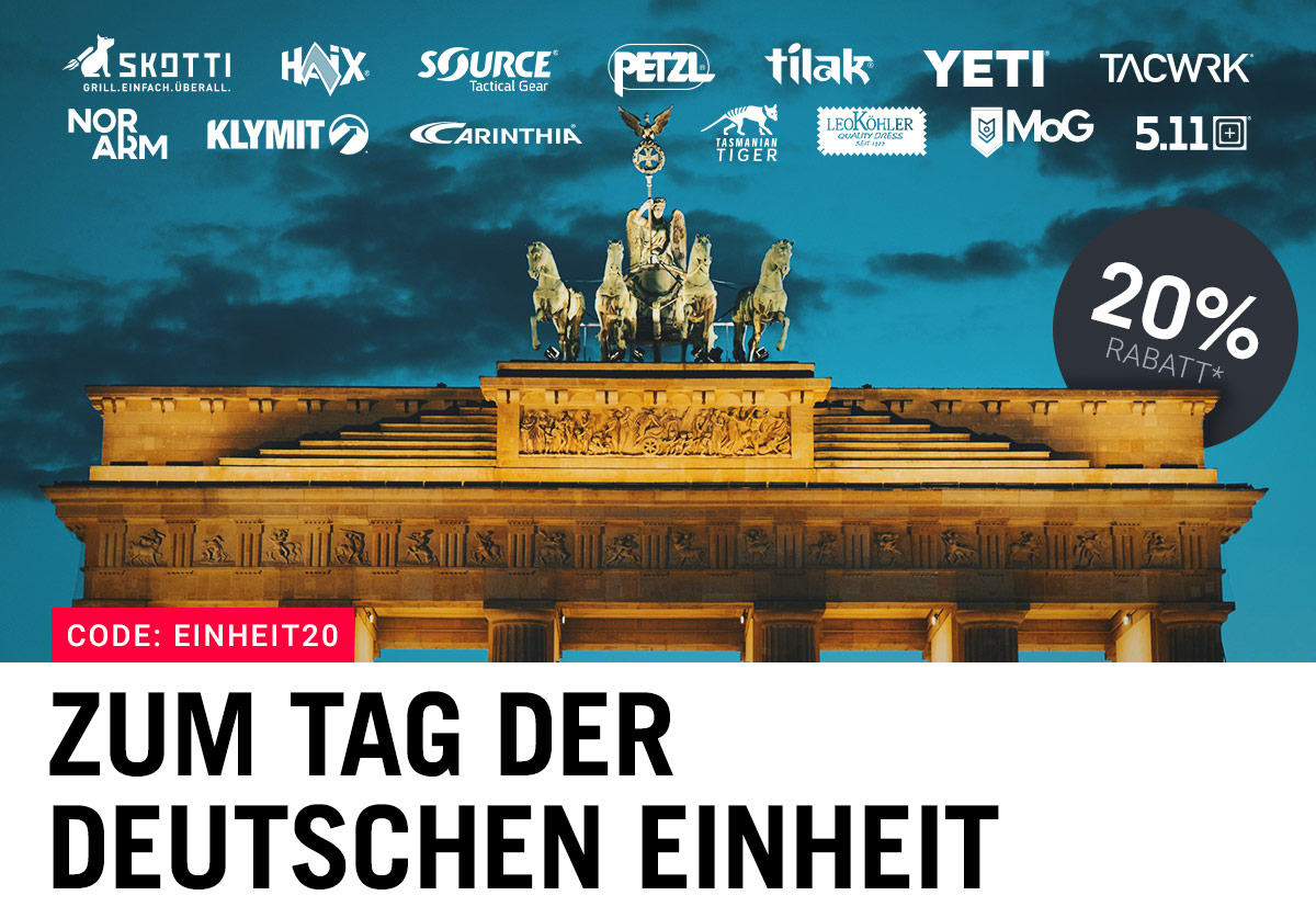 Brandenburger Tor bei Nacht mit TACWRK Einheits-Sale: 20 % Rabatt auf Marken wie Carinthia, Tasmanian Tiger, Helikon-Tex und mehr, Code EINHEIT20.
