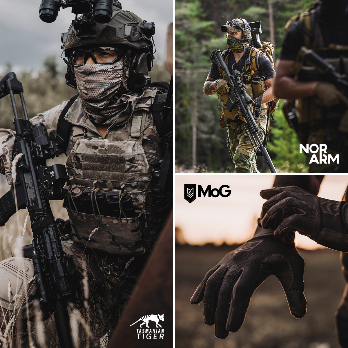 Collage mit drei Szenen: Soldat mit Tasmanian Tiger Gear, Operator mit NorArm Ausrüstung, Nahaufnahme von Masters of Gloves Handschuhen – TACWRK Einheitssale.