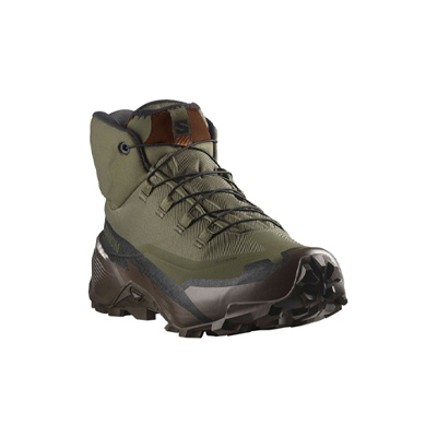 Salomon Cross Hike Tracker GTX – strapazierfähiger, wasserdichter Outdoor-Schuh mit GORE-TEX Membran in Ranger Green, Earth Brown und Schwarz, Frontansicht. Zeigt robustes Profil, atmungsaktives Obermaterial und QuickLace-Schnürsystem für optimalen Halt.