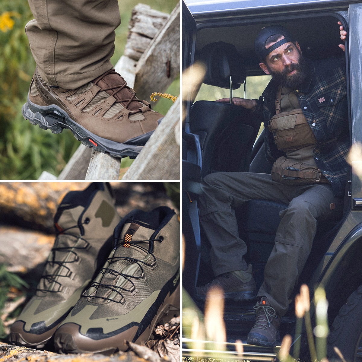 Outdoor-Looks mit Salomon FORCES Schuhen. Detailaufnahmen der Modelle in Braun und Camo, kombiniert mit taktischem Outfit und Geländewagen.