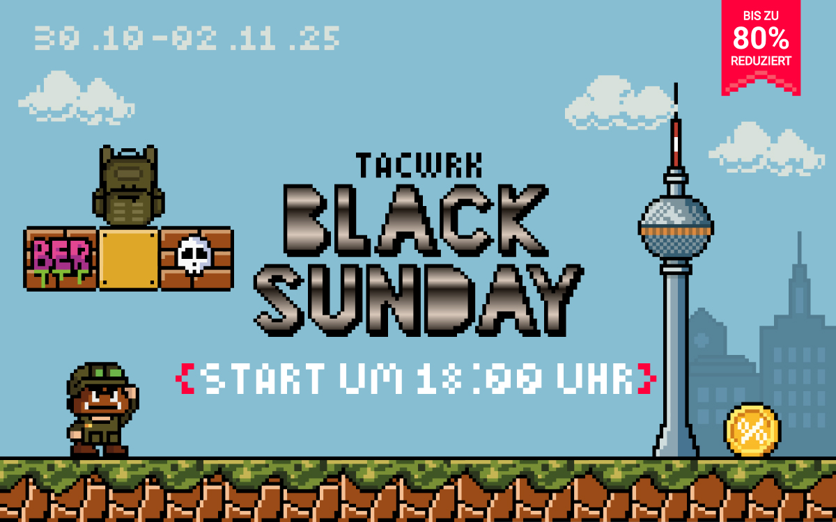 Black Sunday Sale startet um 18 Uhr – exklusive Angebote mit bis zu 80 % Rabatt auf Premium-Marken, nur für TACWRK Newsletter-Abonnenten.