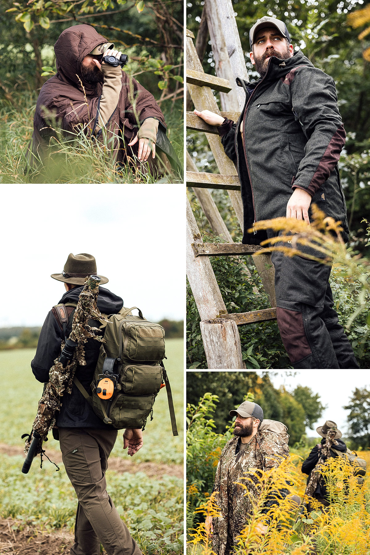 Modern Hunting Lifestyle: Jäger mit taktischer Bekleidung, Tarnnetz und Rucksack im Gelände – Outdoor- und Jagdausrüstung bei TACWRK.