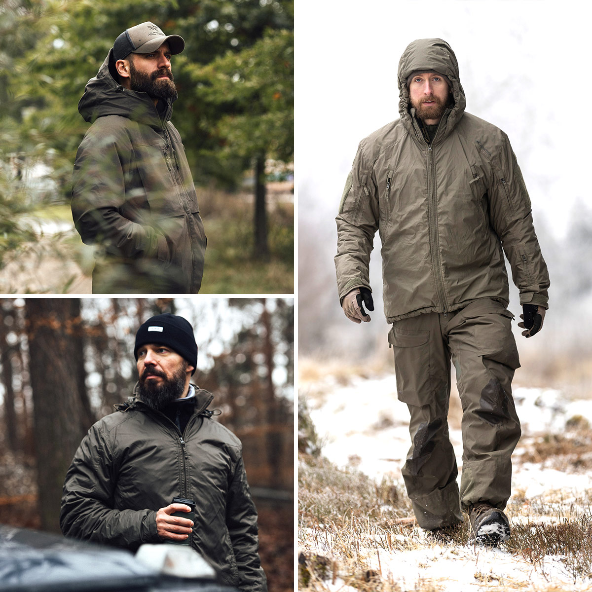 Taktische Winterjacken im Outdoor-Einsatz – verschiedene Modelle in Wald- und Schneeumgebung für maximale Wärmeleistung.