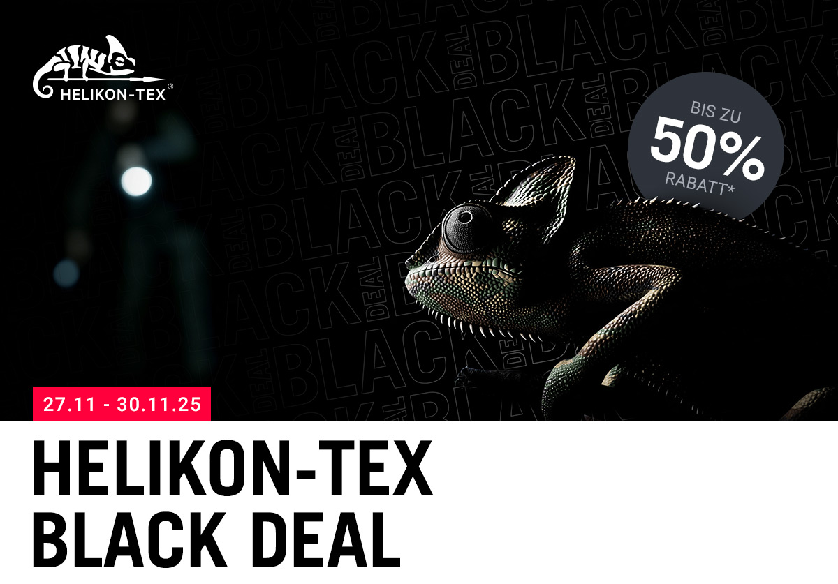 Helikon-Tex Black Deal Grafik mit Chamäleon und Hinweis auf bis zu 50 % Rabatt.