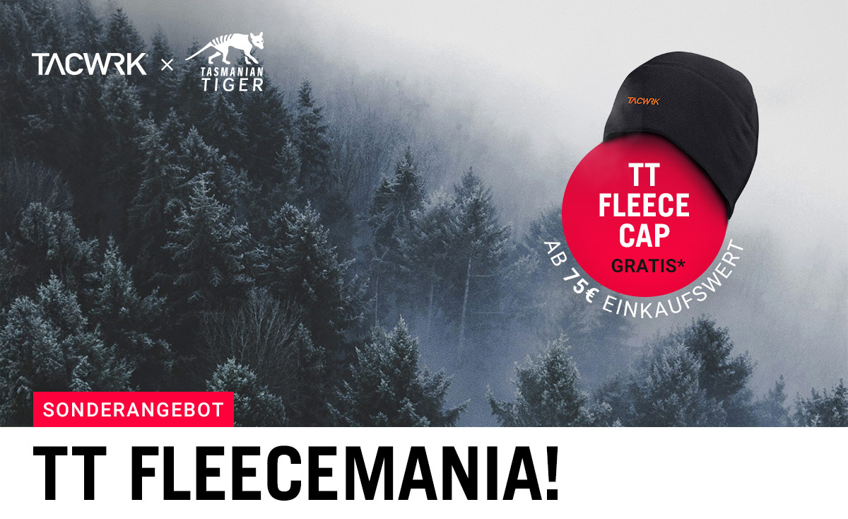 TT Fleecemania Aktion bei TACWRK: Nebliger Winterwald mit eingeblendeter schwarzen Tasmanian Tiger Fleece Mütze – gratis ab 75 € Einkaufswert.