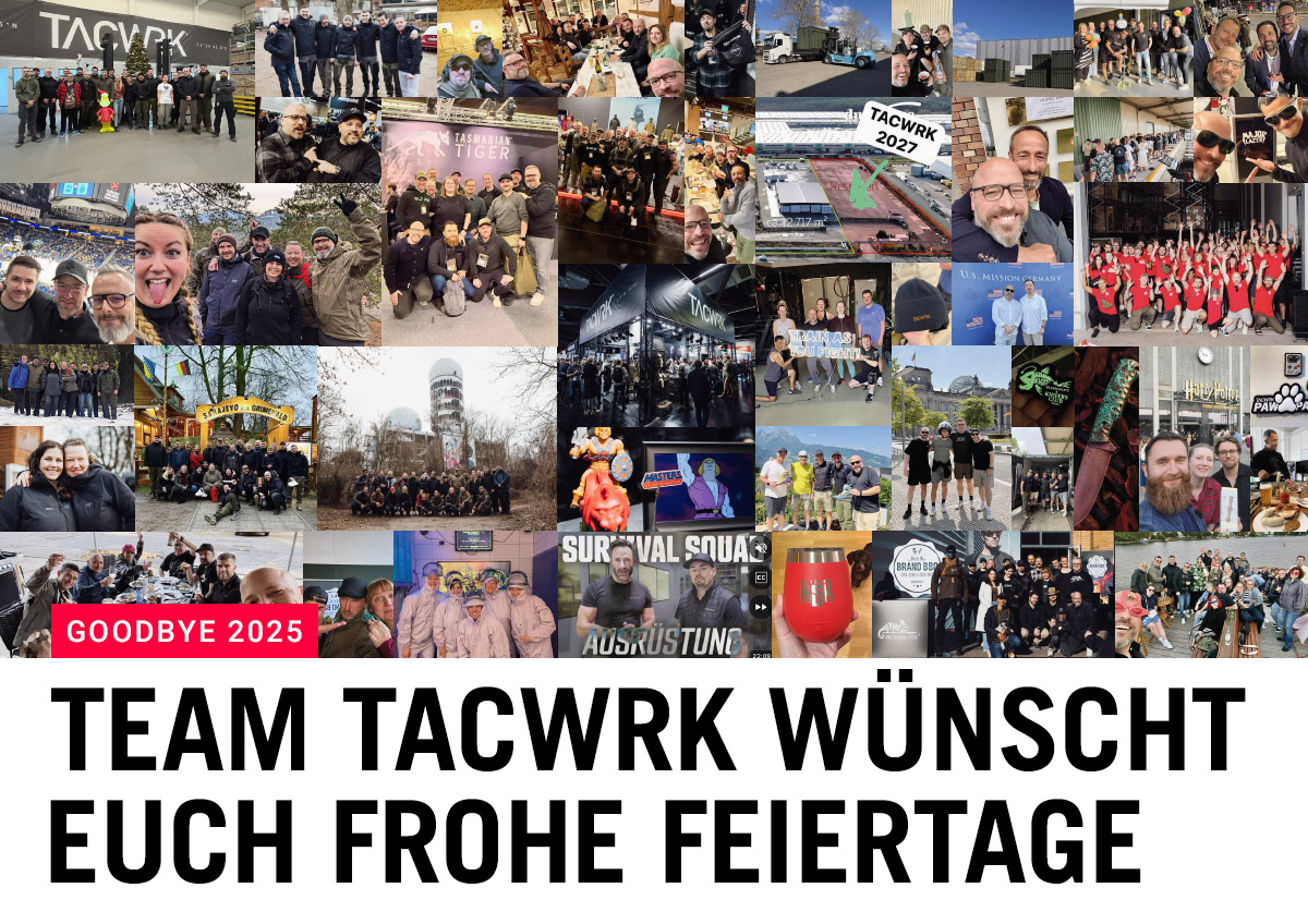 Fotocollage mit vielen Momenten aus dem TACWRK-Teamalltag, Events, Messen und gemeinsamen Aktivitäten. Schriftzug: "Team TACWRK wünscht euch frohe Feiertage".