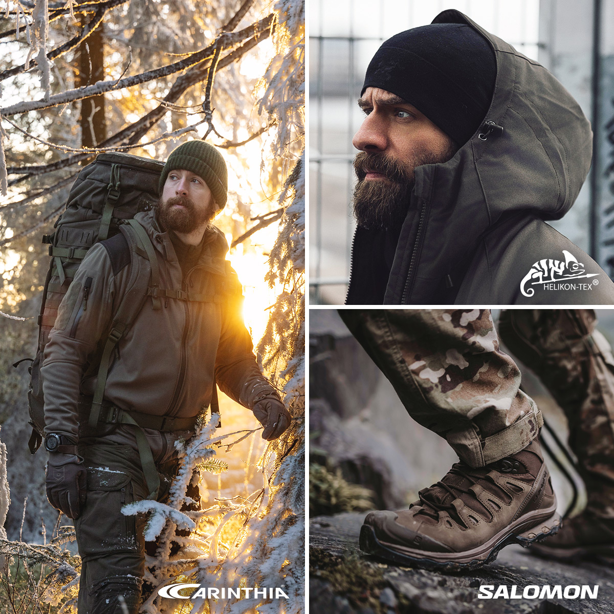 Outdoor- und Tactical-Ausrüstung im Einsatz: Carinthia Bekleidung, Helikon-Tex Jacke und Salomon Stiefel im winterlichen Gelände.