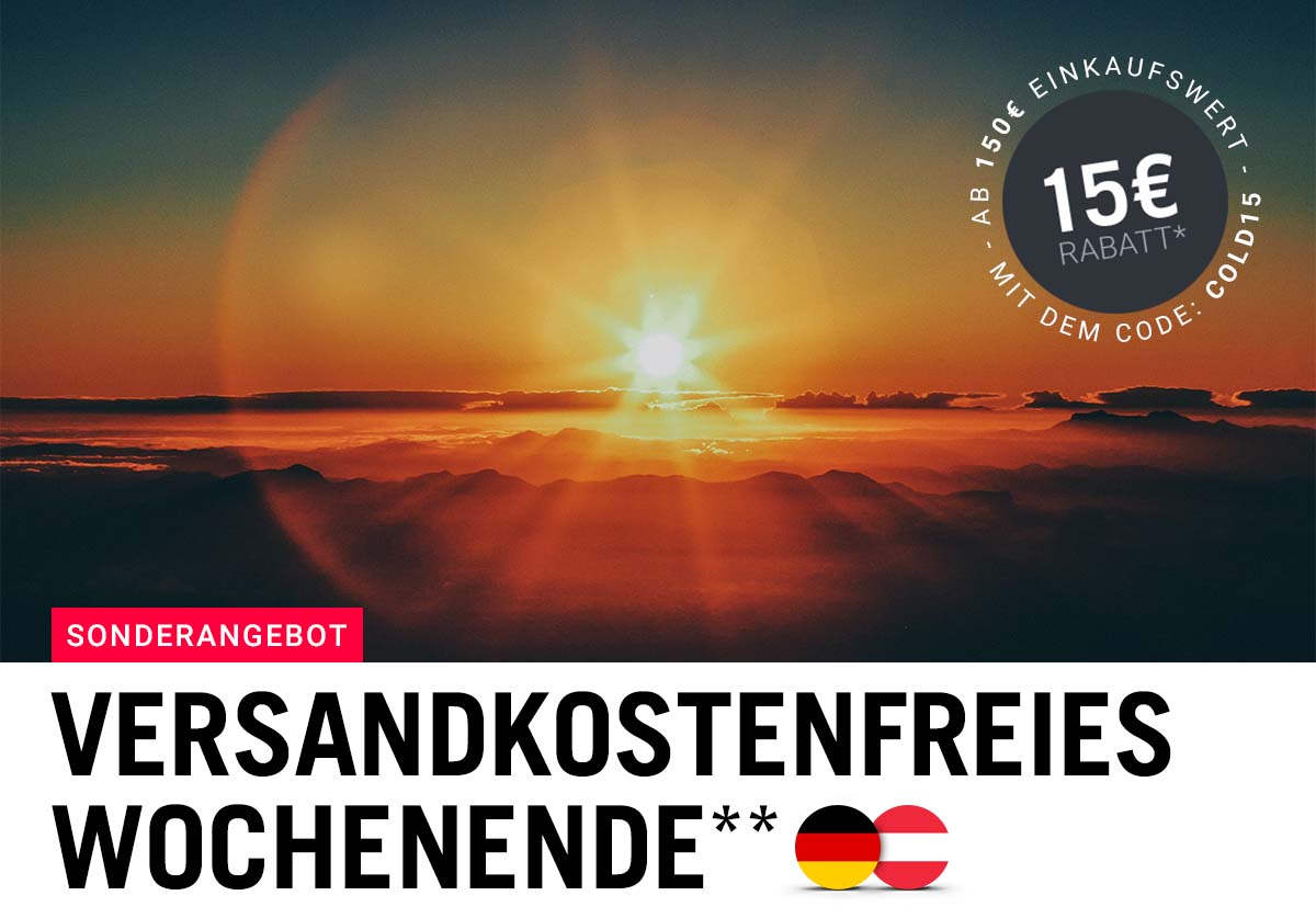Sonderangebot bei TACWRK: Versandkostenfreies Wochenende mit Sonnenaufgangsmotiv und Hinweis auf 15 € Rabatt ab 150 € Einkaufswert.