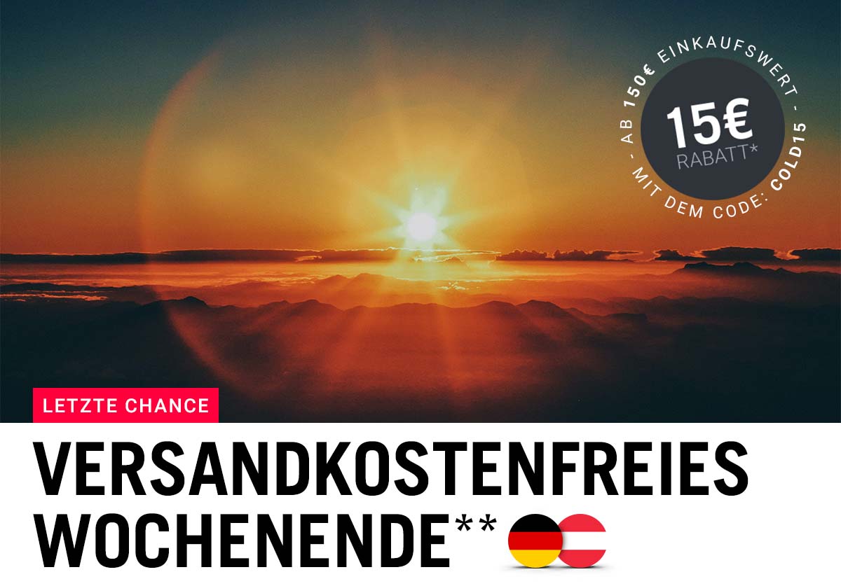 Sonderangebot bei TACWRK: Versandkostenfreies Wochenende mit Sonnenaufgangsmotiv und Hinweis auf 15 € Rabatt ab 150 € Einkaufswert.