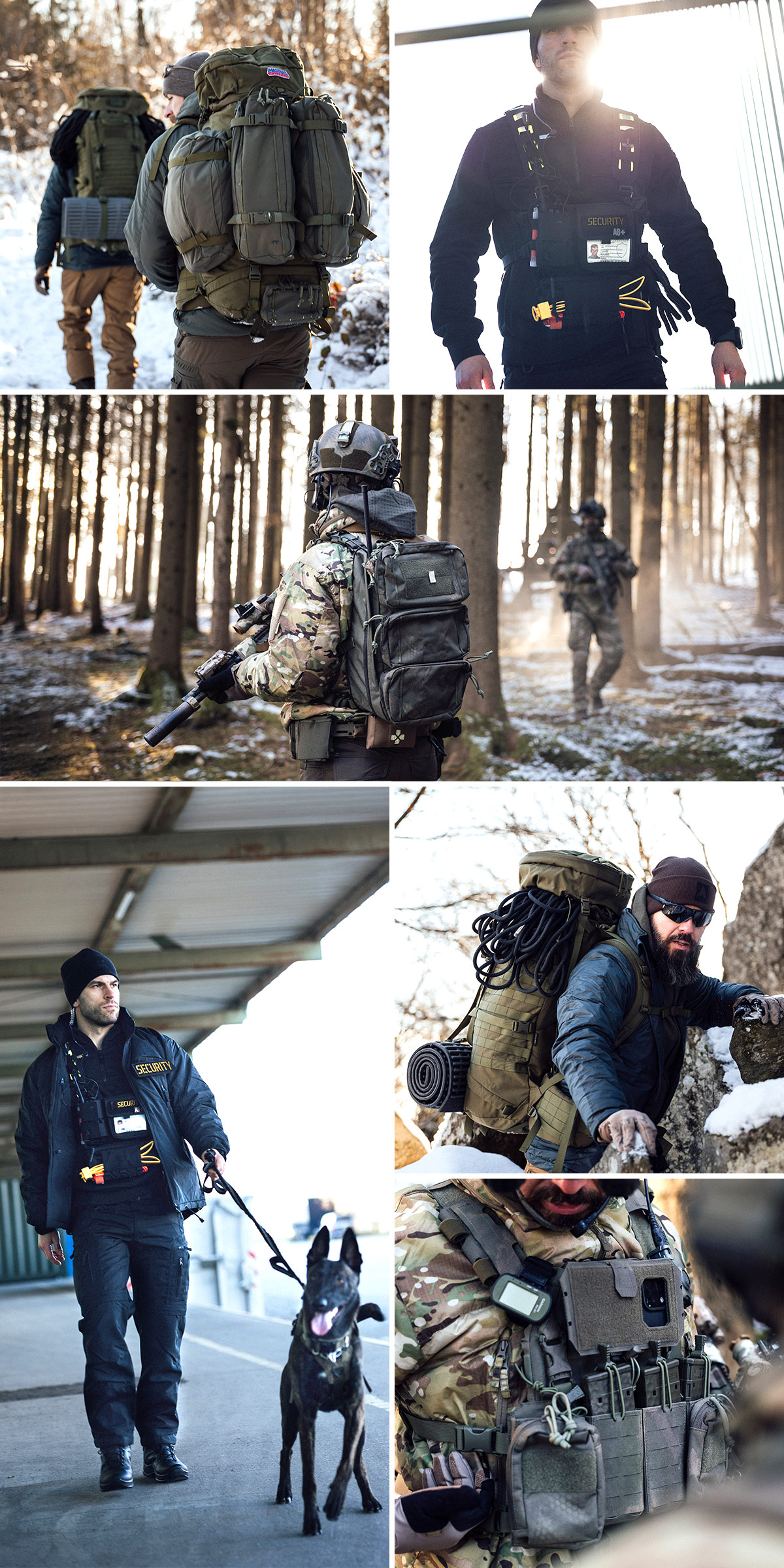 Einsatzkräfte mit Rucksäcken, Schutzwesten und taktischer Ausrüstung in urbaner Umgebung und im Wald – Tasmanian Tiger Neuheiten 2026 im Praxiseinsatz.