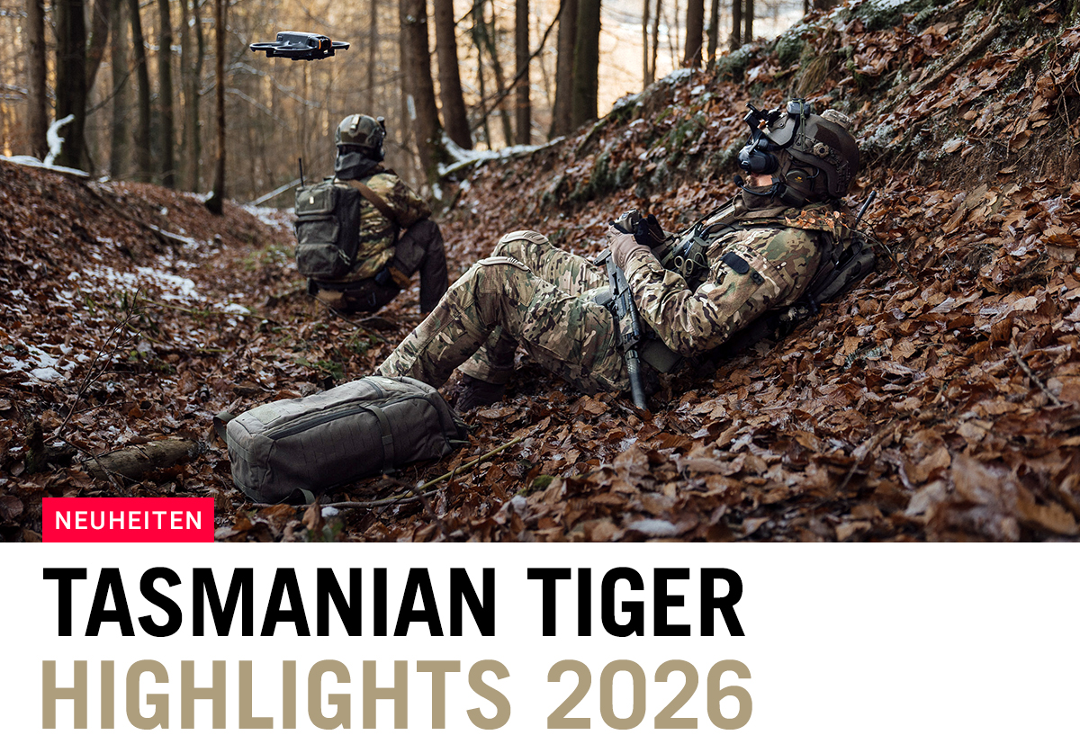 Soldaten in Tarnbekleidung bei taktischem Einsatz im Wald mit Drohne und Ausrüstung – Tasmanian Tiger Neuheiten 2026.