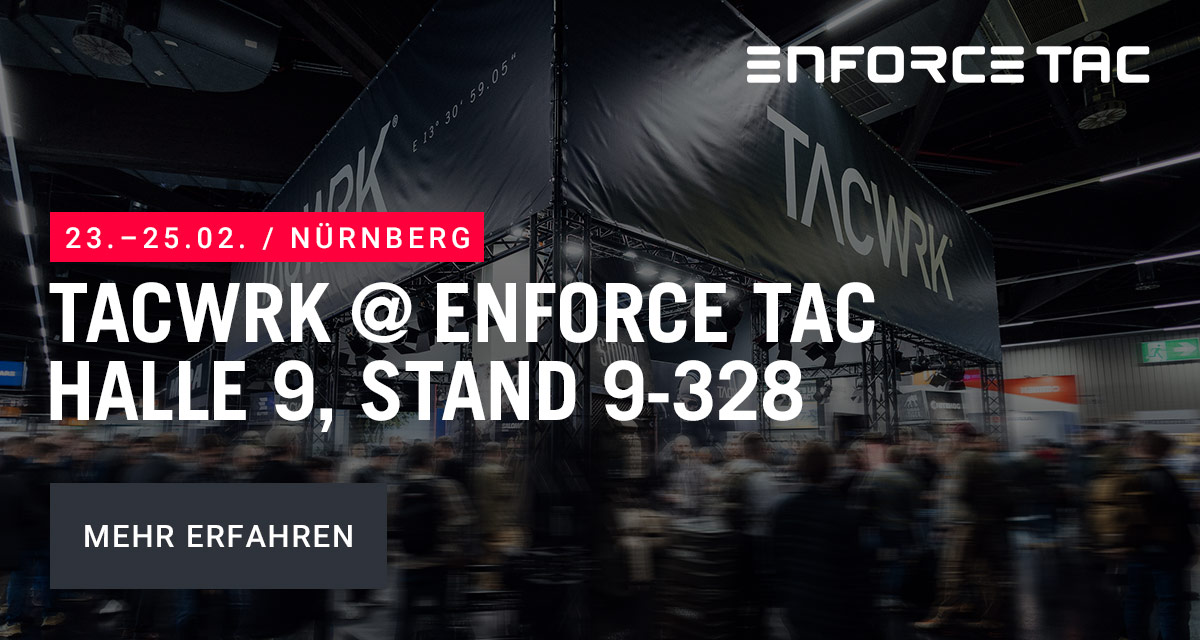 TACWRK Messestand auf der Enforce Tac in Nürnberg, Halle 9, Stand 9-328, mit Besuchern.