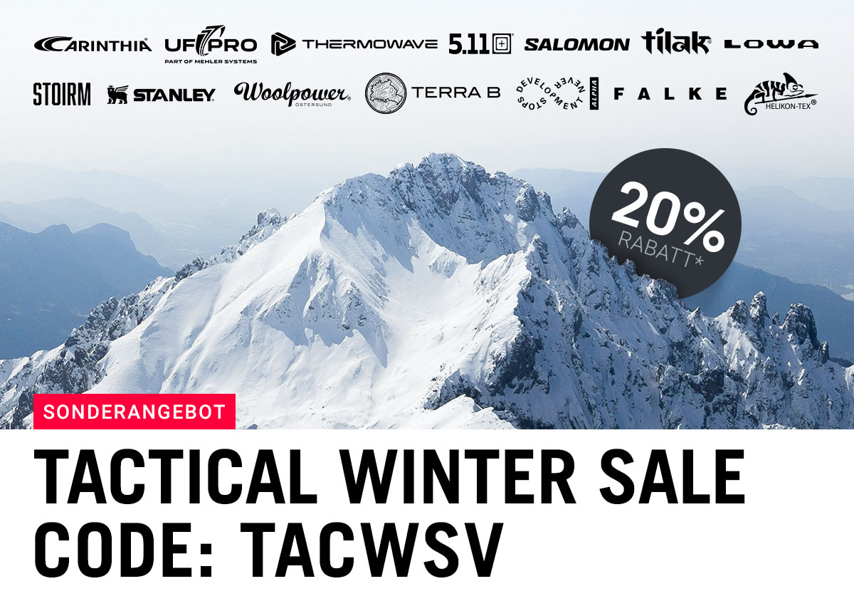 Schneebedeckter Berg mit Markenlogos und 20 % Rabatt-Hinweis – TACWRK Tactical Winter Sale mit Code TACWSV.