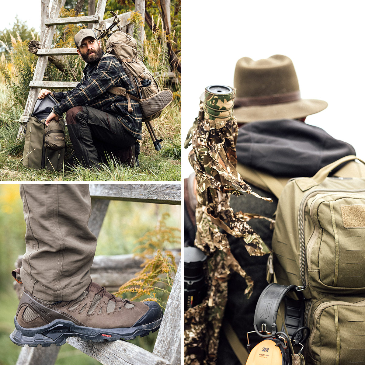 Jäger mit Rucksack und Outdoor-Ausrüstung, Detailaufnahme von Jagdstiefeln sowie Rucksack mit Zubehör im Revier.