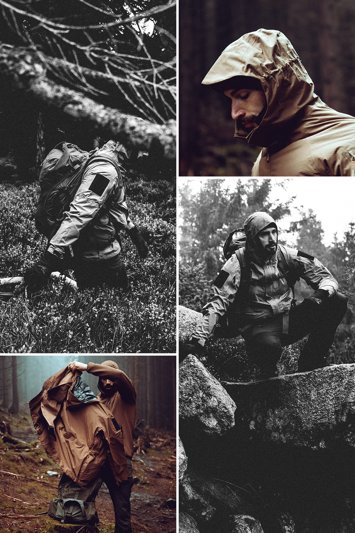 Helikon-Tex Chinook Jacket im Outdoor-Einsatz – Detail- und Anwendungsszenen im Wald und auf anspruchsvollem Gelände.