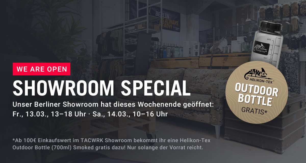 TACWRK Showroom in Berlin – Helikon-Tex Outdoor Bottle gratis ab 100 € Einkaufswert beim Showroom Special.
