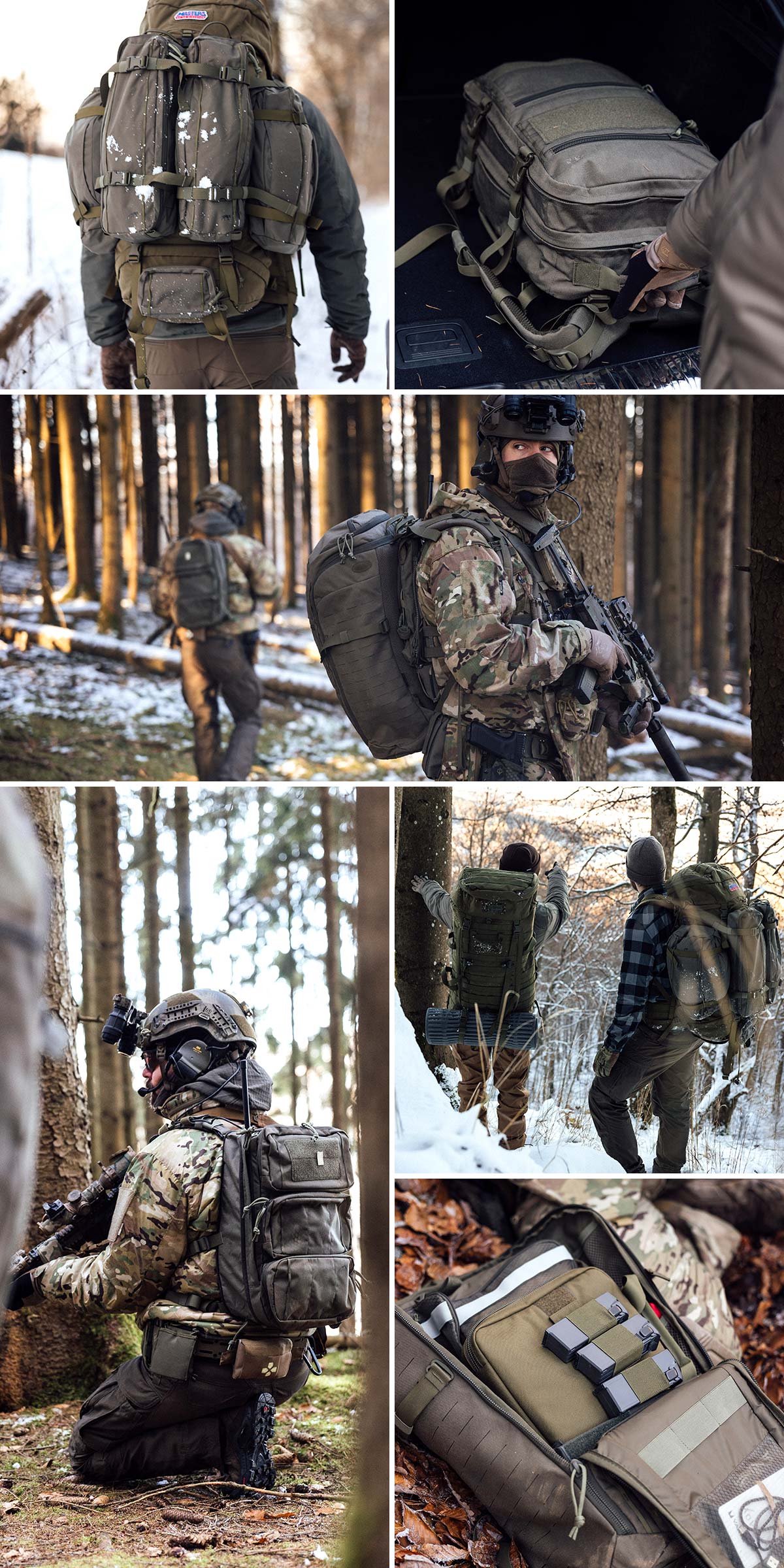 Tasmanian Tiger Rucksäcke und modulare Einsatzpacks im Outdoor- und taktischen Einsatz im Wald.