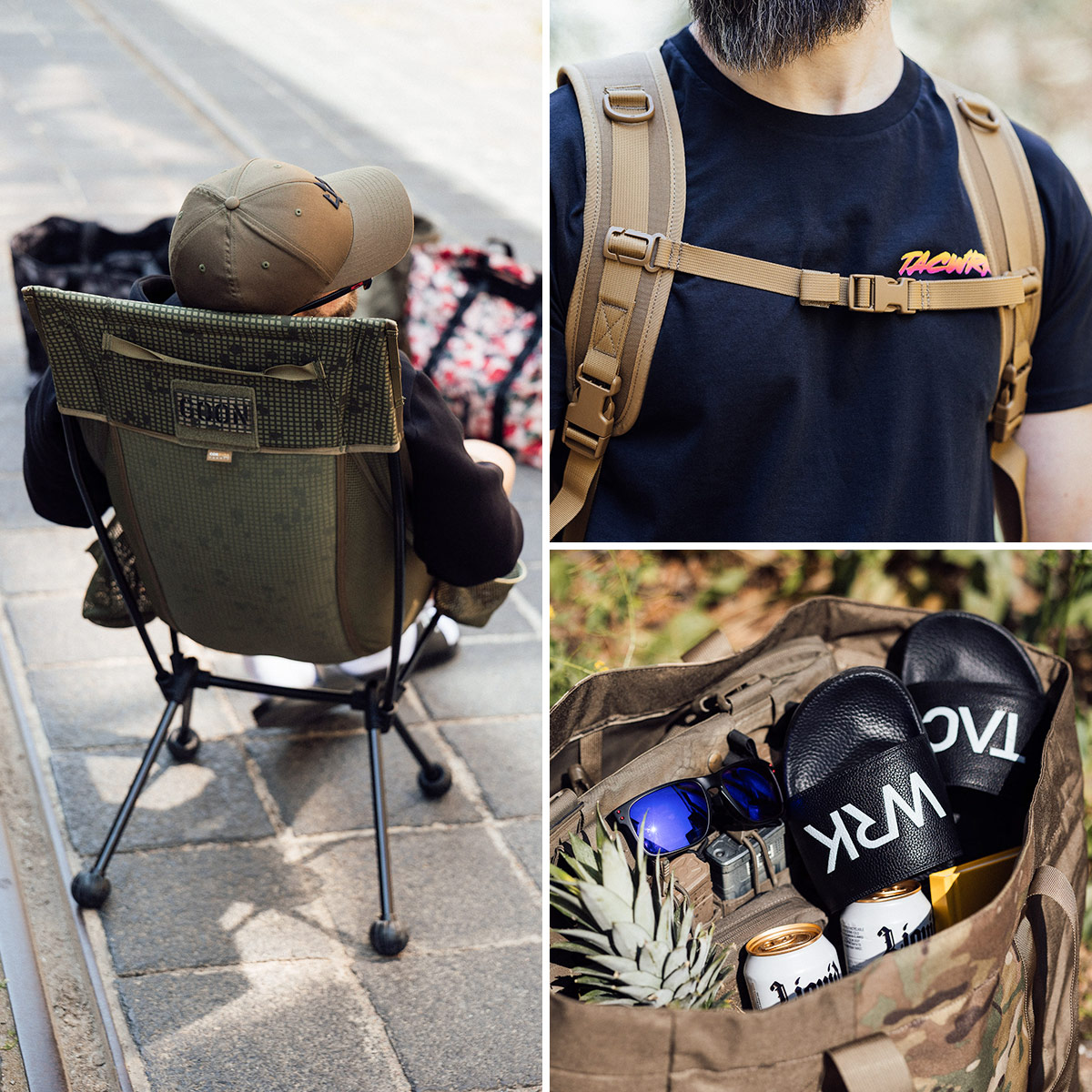Detailansichten von TACWRK Ausrüstung, Tasche mit Inhalt sowie Tragesystem und Outdoor-Stuhl im Alltagseinsatz.