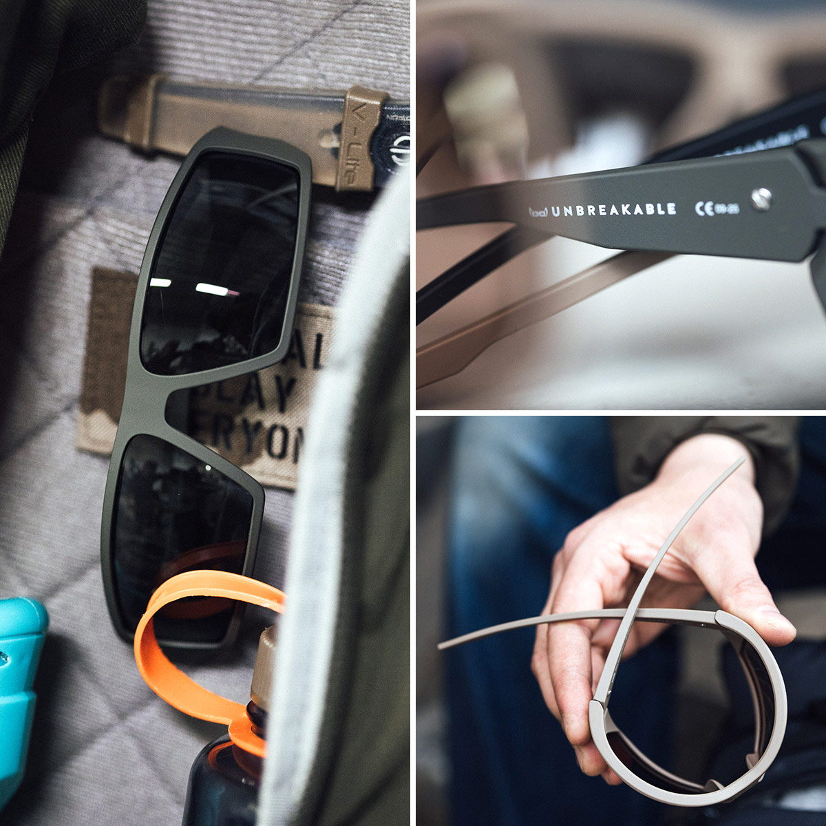 gloryfy unbreakable Sonnenbrille im Einsatz, Detailaufnahme und flexibler Rahmen im Gear-Kontext