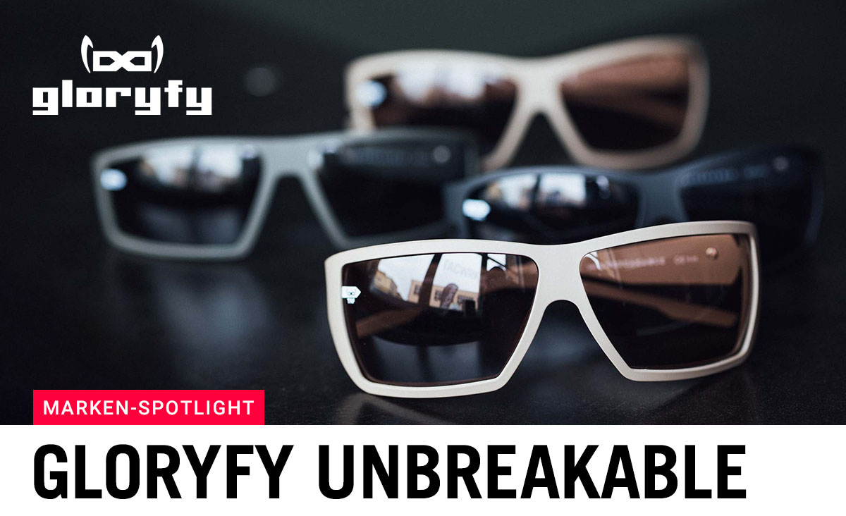 gloryfy unbreakable Sonnenbrillen in verschiedenen Modellen auf dunklem Hintergrund, Marken-Spotlight Banner