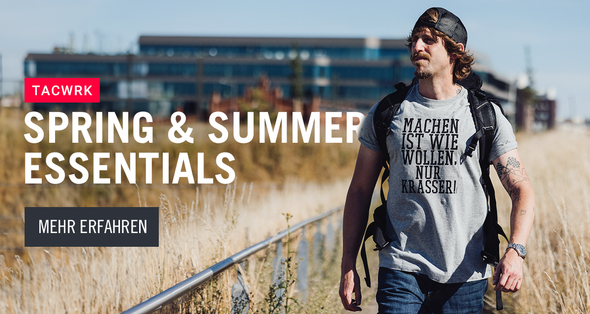 Teaser zur TACWRK Spring & Summer Essentials Landingpage – Mann mit leichtem EDC Outfit im urbanen Umfeld