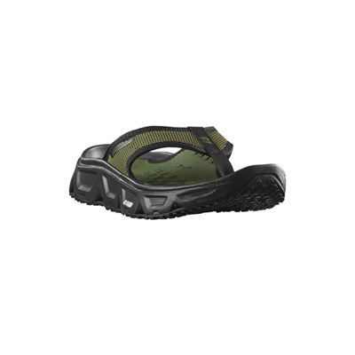 Salomon RX Break Forces Flip-Flop in Olive Night und Schwarz mit breitem, gepolstertem Riemen und dicker EVA-Sohle für hohen Tragekomfort.