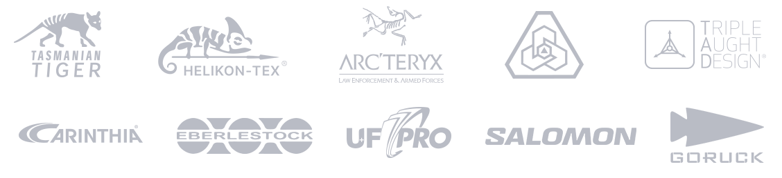 Auswahl an TACWRK-Markenpartnern, darunter Arc'teryx LEAF, Carinthia, Tasmanian Tiger, Crye Precision und weitere