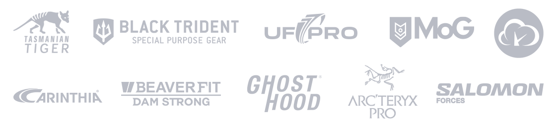 Auswahl an TACWRK-Markenpartnern, darunter Arc'teryx PRO, Carinthia, Tasmanian Tiger, Black Trident und weitere