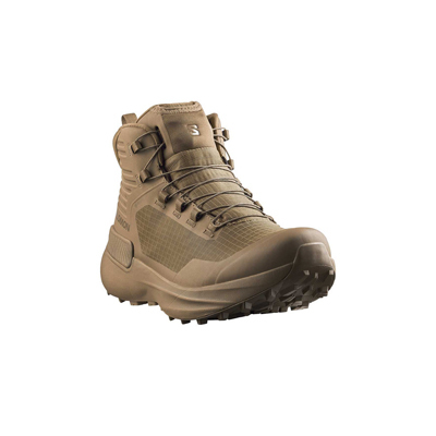 Salomon Genesis Forces Mid GTX Coyote – wetterfester taktischer Mid-Cut-Einsatzschuh in Coyote mit Gore-Tex-Membran, griffiger Sohle und robuster Outdoor-Konstruktion.