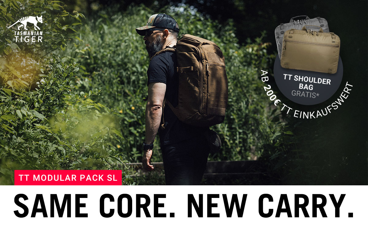 Tasmanian Tiger TT Modular Pack SL bei TACWRK – modularer Einsatzrucksack mit gratis TT Shoulder Bag ab 200 € Einkaufswert.