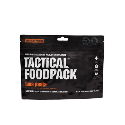 Tactical Foodpack Tuna Pasta – gefriergetrocknetes Nudelgericht mit Thunfisch in kompakter Outdoor-Verpackung.