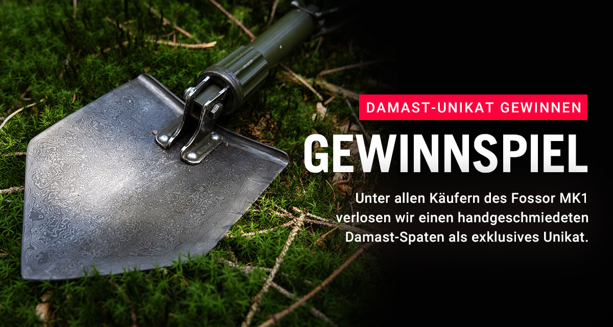 Handgeschmiedeter Damast-Spaten als exklusives Unikat-Gewinnspiel für Käufer des Fossor MK1