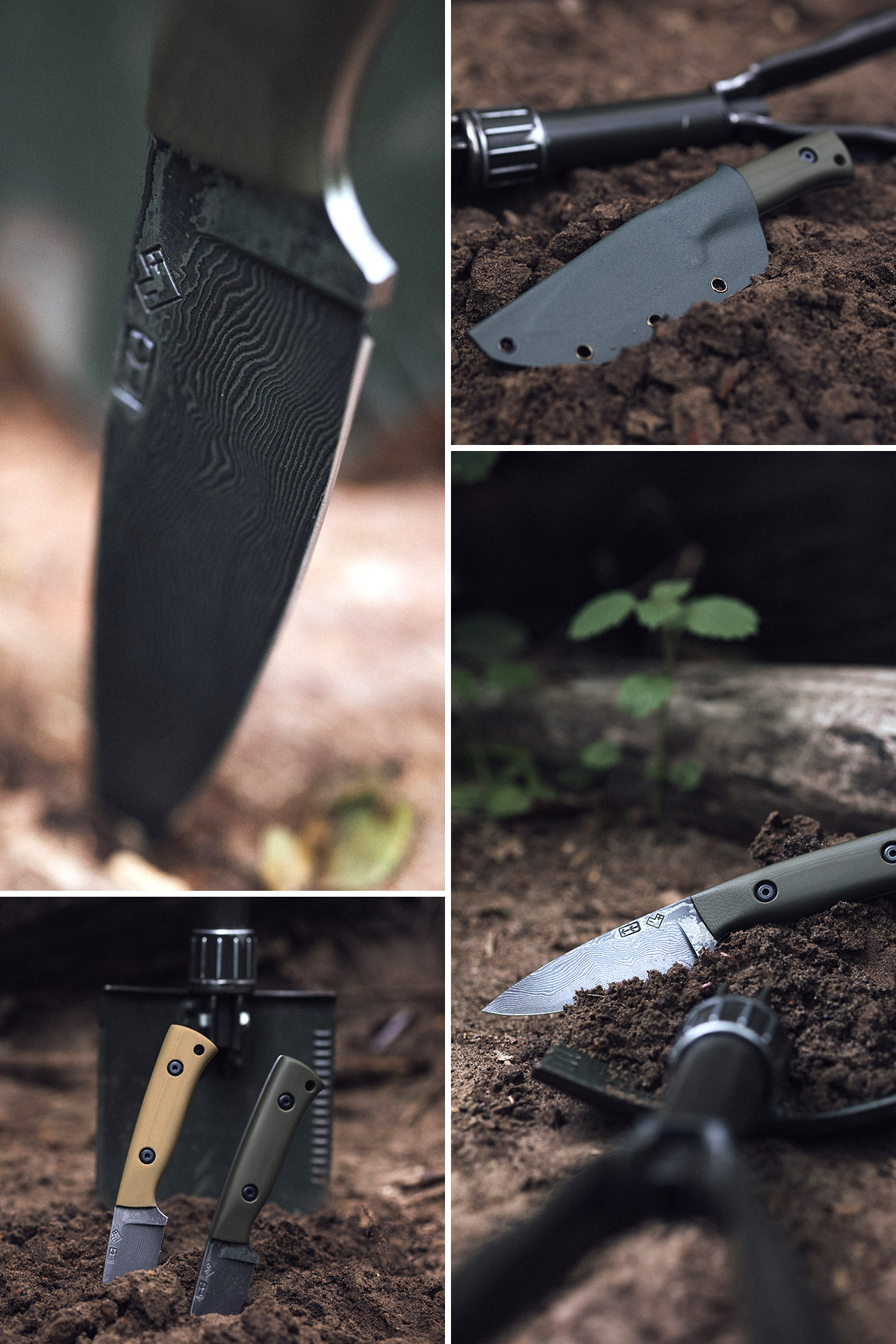 Detailaufnahmen des Fossor MK1 mit Damastklinge, Kydexscheide und Griffschalen in verschiedenen Outdoor-Szenarien