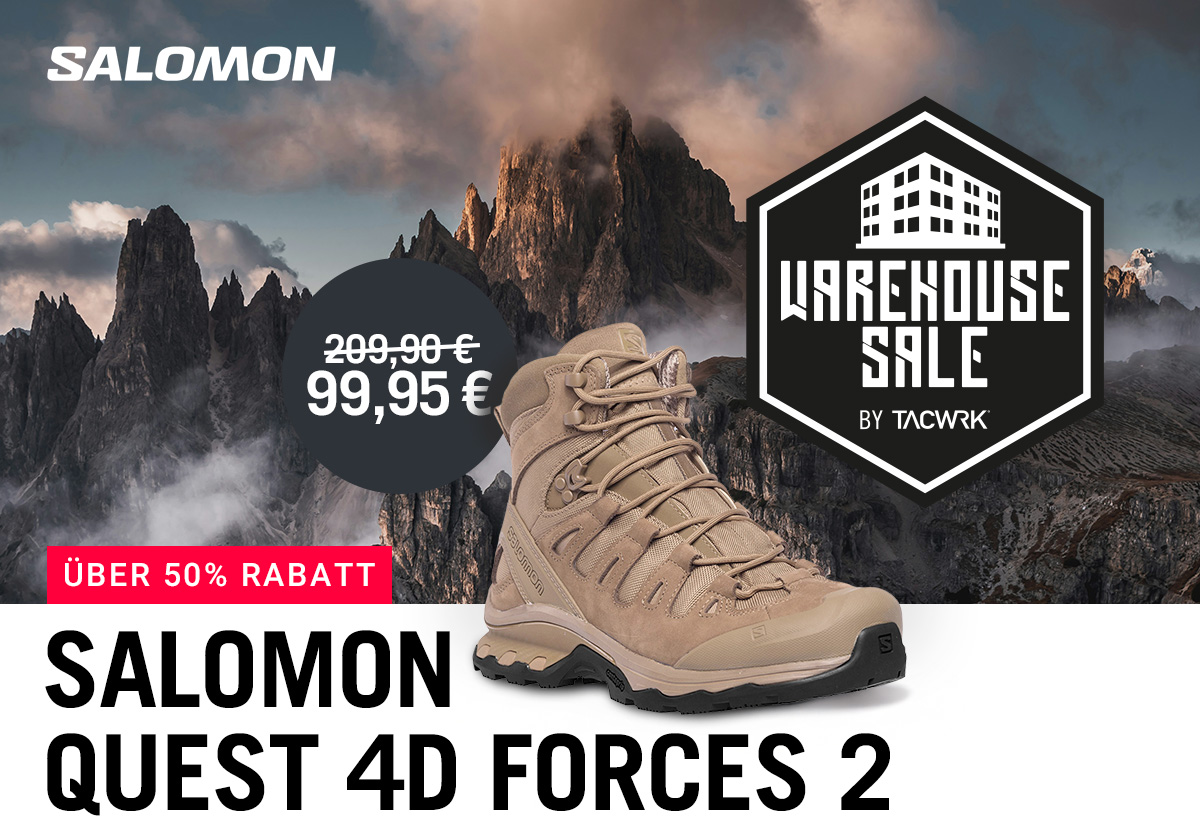Salomon Quest 4D Forces 2 Einsatzstiefel vor alpiner Bergkulisse im TACWRK Warehouse Sale