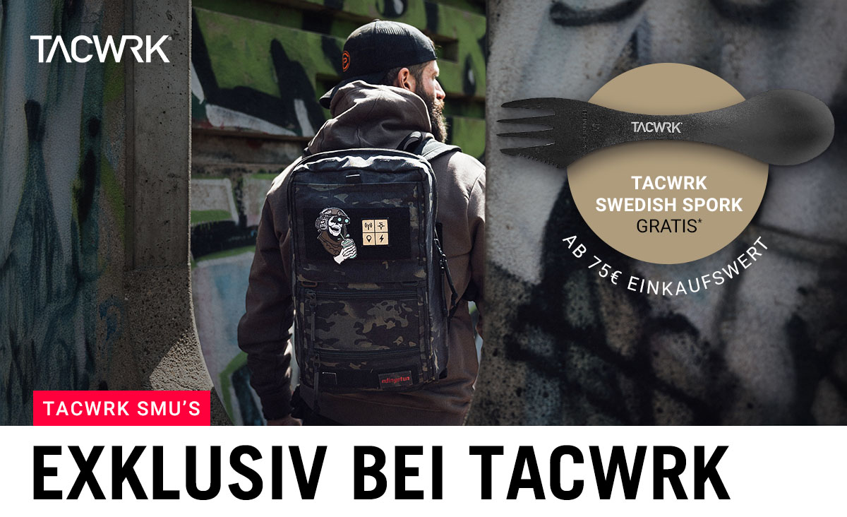 TACWRK SMU – exklusiver taktischer Rucksack in Multicam Black, getragen im urbanen Umfeld.