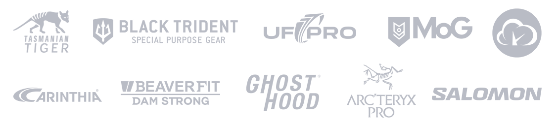 Auswahl an TACWRK-Markenpartnern, darunter Arc'teryx PRO, Carinthia, Tasmanian Tiger, Black Trident und weitere