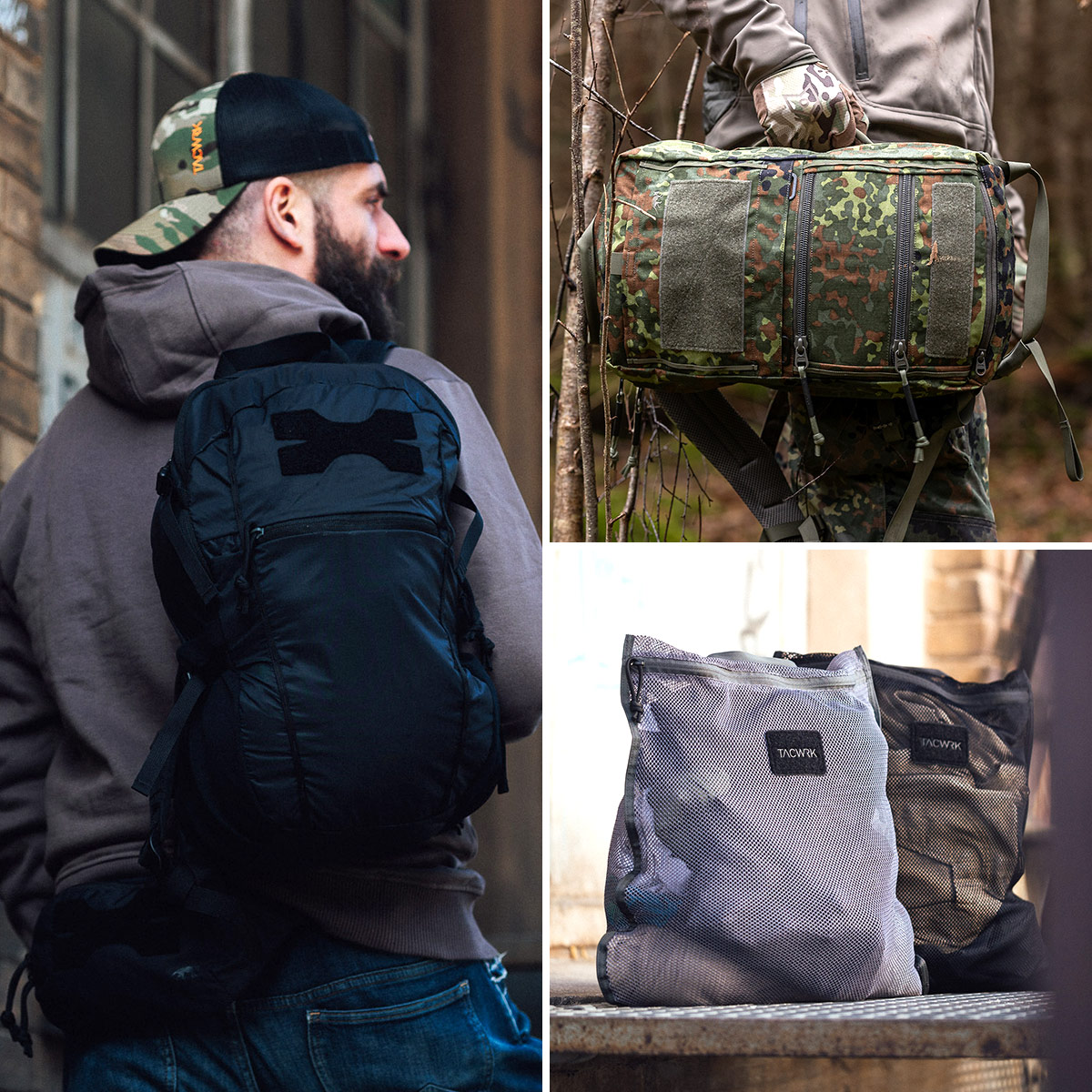 TACWRK SMU Kollektion mit exklusivem schwarzem Rucksack, taktischer Flecktarn-Tasche und Mesh-Organisationstaschen.