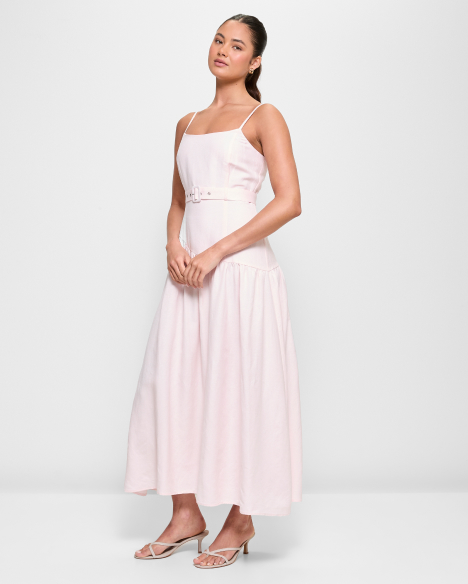 European Linen Blend Belted Corset Midi Dress