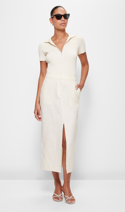 European Linen Tailored Front Split Midi Skirt - Preview - Buttermilk