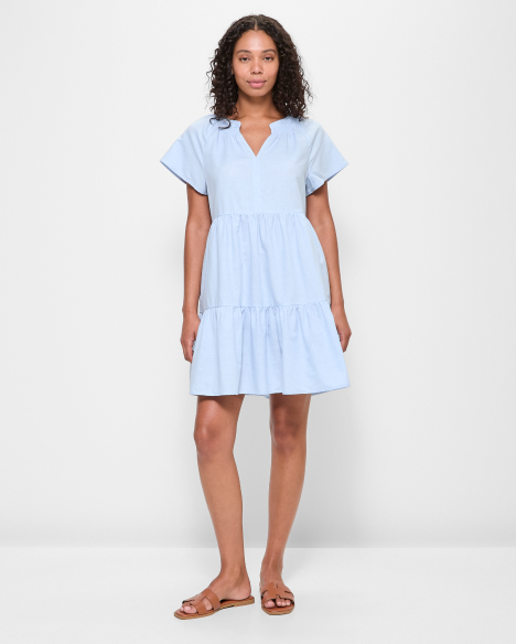 Linen Blend Shirred Mini Dress