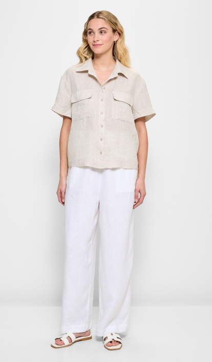 European Linen Utility Cropped Shirt - Flax