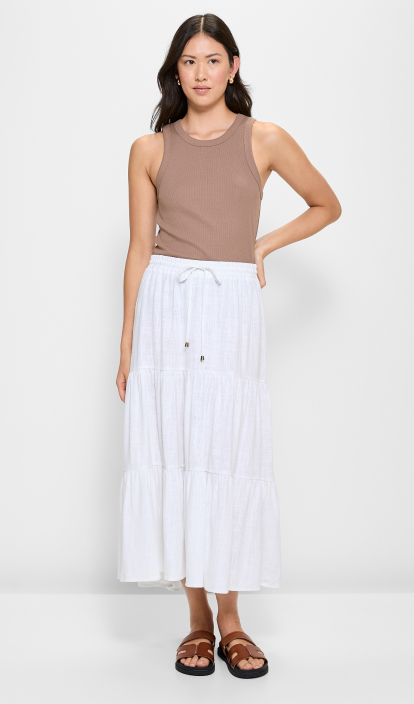 Linen Blend Tiered Maxi Skirt - White