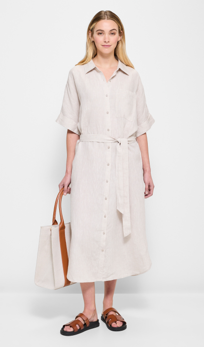 European Linen Button Through Midi Dress - Flax Cross Dye